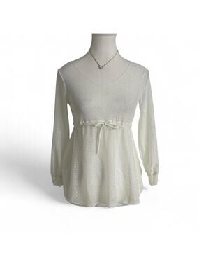 White Baby Doll Long Sleeve Slightly Sheer Top With Waist Tie Size Small
